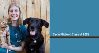 Devin Wicker in scrubs with her black dog and tabby cat